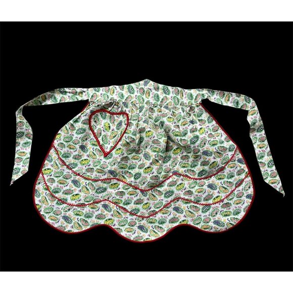 Vintage Apron Flowers Rick Rack Trim Heart Pocket Floral Cotton Tie Handmade - Picture 2 of 8